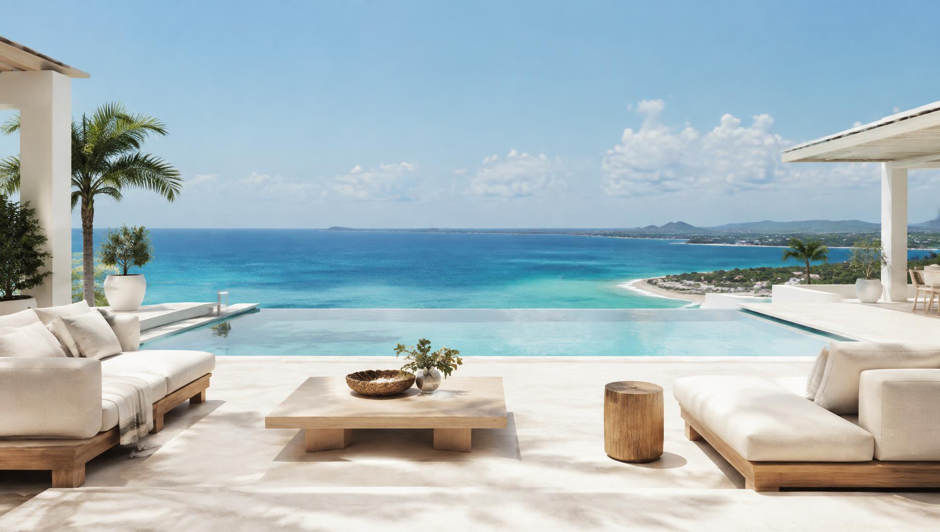 Bright luxury villa terrace with infinity pool and sea view