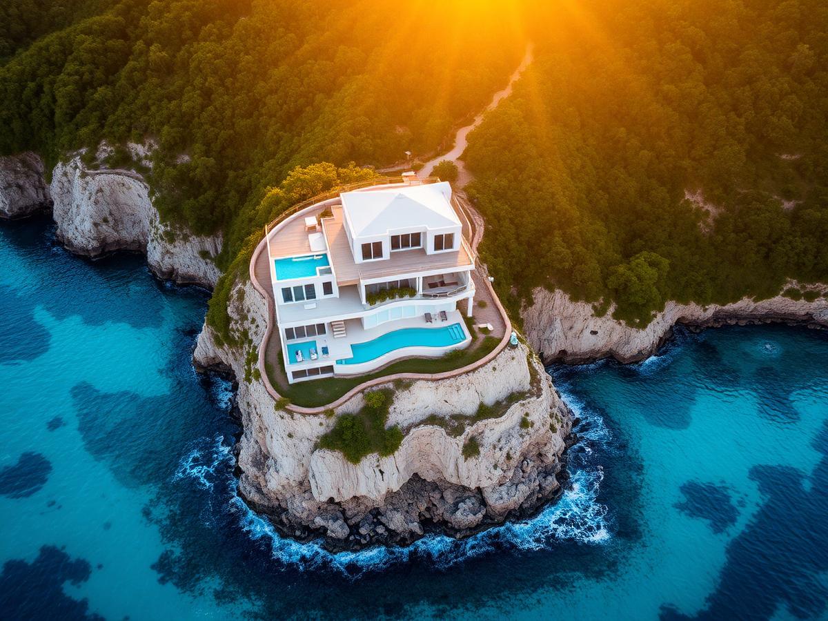 Aerial view of a cliffside villa in Grenada