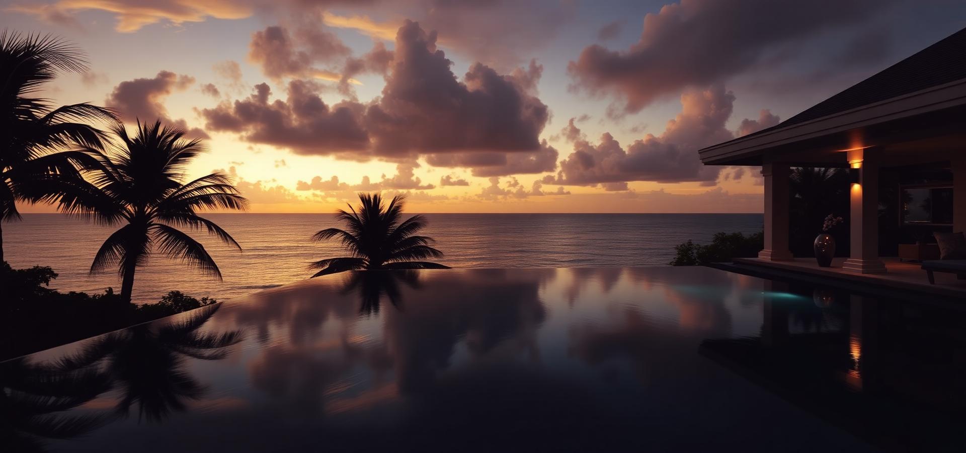 Infinity pool villa overlooking the Caribbean sea at golden hour