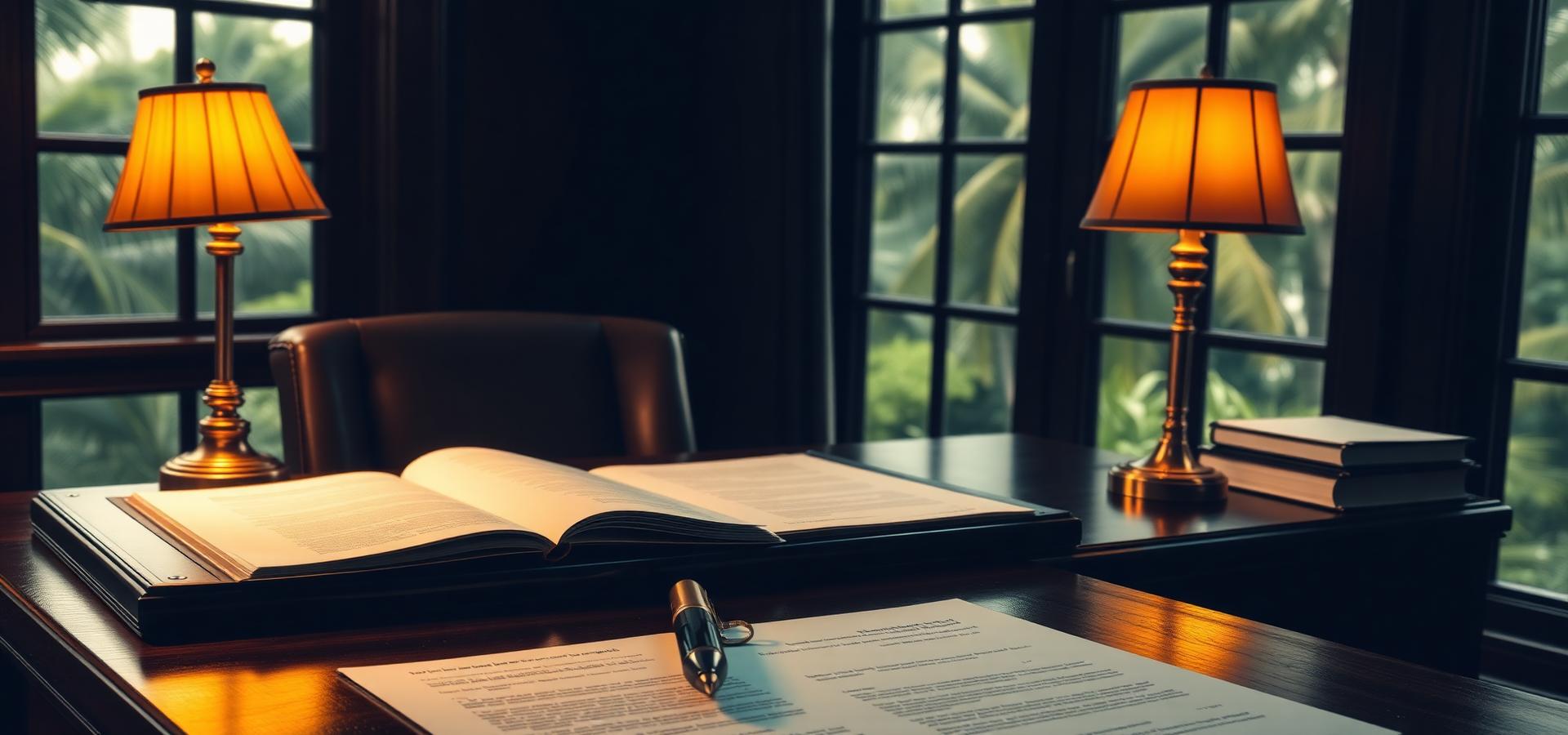 Dark wood desk with legal documents and warm lamp light in a tropical office