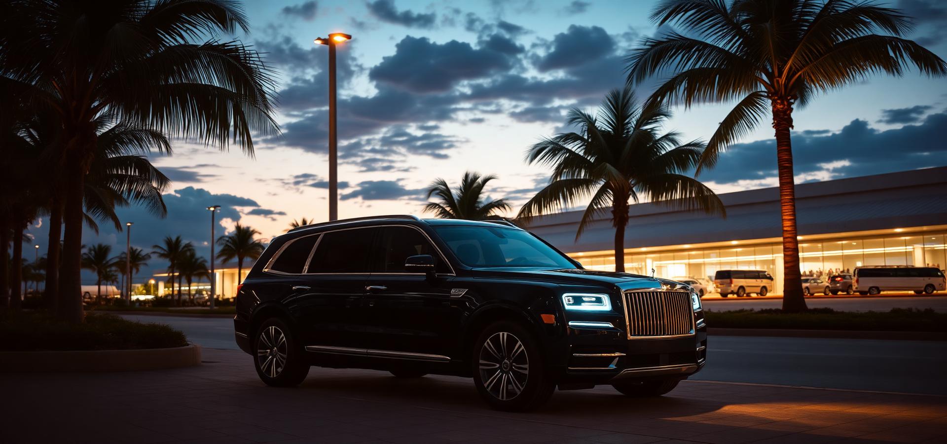 Chauffeured luxury SUV waiting outside a Caribbean airport terminal at dusk