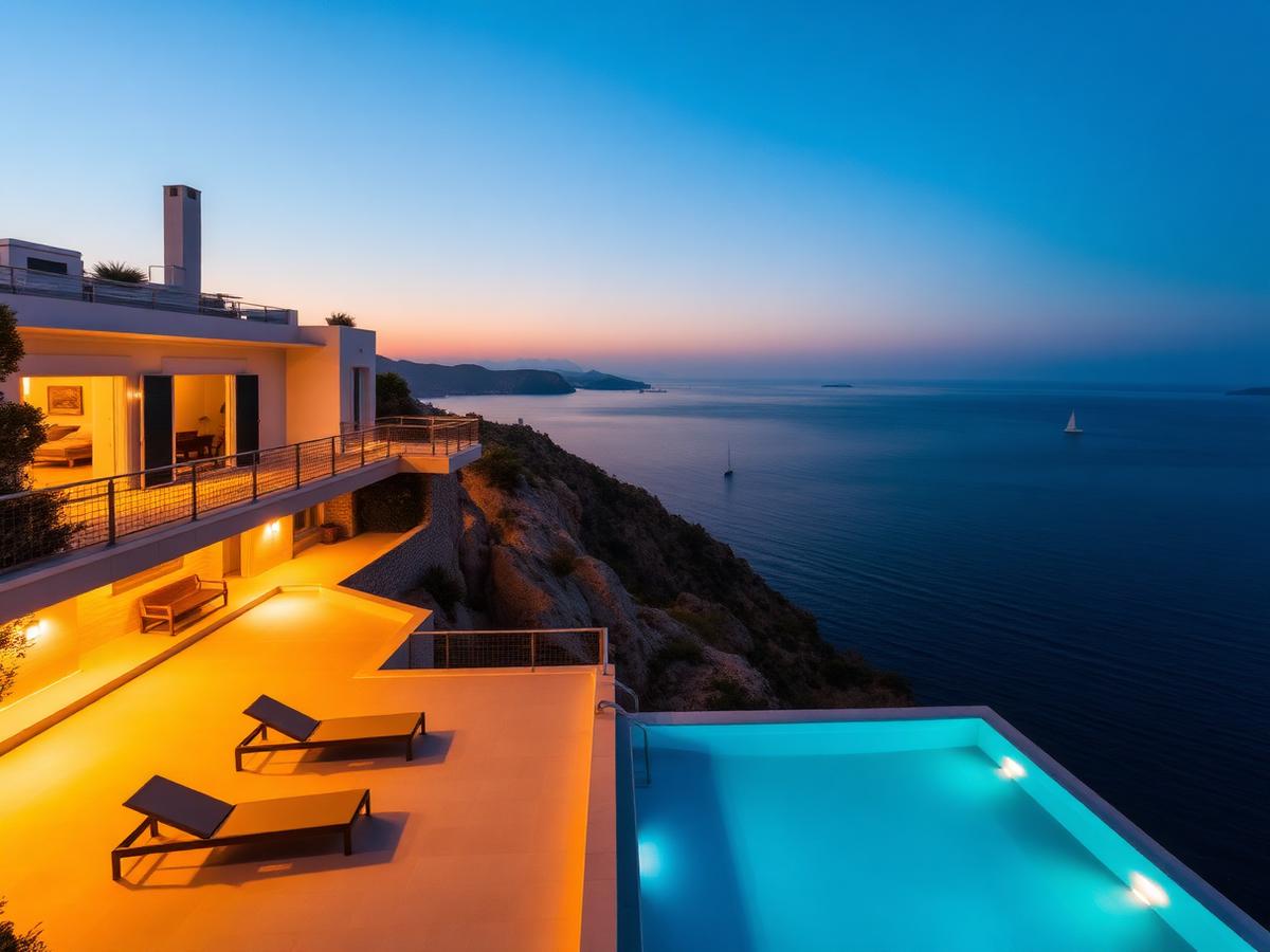 Infinity pool at a Grenadian villa at dusk